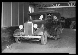 Wrecked Chevrolet panel truck, Vendome Cafe owner & assured, Southern California, 1935