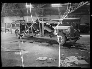 Wrecked Pioneer bus, Southern California, 1935