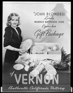 Joan Blondell counter card, Vernon Pottery, Southern California, 1938