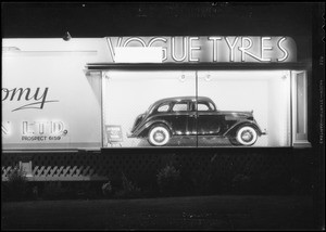 Vogue Tyre board with Nash sedan, Southern California, 1935