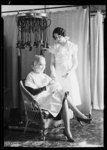 Model and permanent wave machine, Southern California, 1933