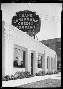 Exterior of Consumers Credit Co. offices, Southern California, 1934