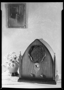 New radio, table model of Falck radio, Southern California, 1930