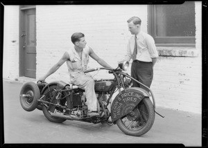 Motorcycle with towing attachment, Southern California, 1929