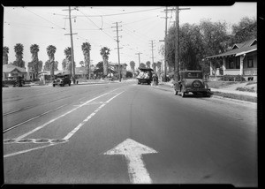 Truck wrecked by oncoming car, Pacific Wholesale Grocery Co., Los Angeles, CA, 1931