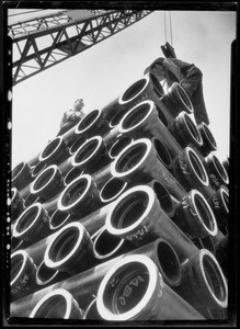 Pipe in yard on Ducommun Street, Los Angeles, CA, 1932