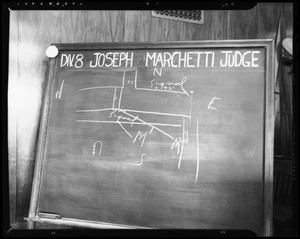 Blackboard in Division 8, municipal court, Hall of Justice, Temple Street and Broadway, Los Angeles, CA, 1940