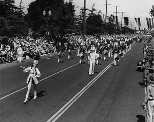 American Legion parade, Long Beach, drum corps led by drum major and drum majorette