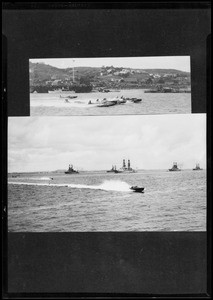 Battleships race in harbor, Southern California, 1927