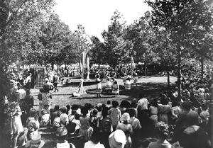 People watching an archery tournament at a Los Angeles city park