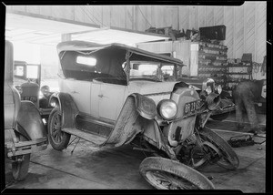 Wreck of star car at Mulford garage, Lynwood, CA, 1931