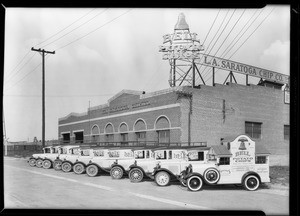 Fleet of cars at Los Angeles Saratoga Chip Co., Chambers & Pacific, Southern California, 1930