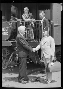 Greeting Shriner at station, Douglas E. Foster, Mr. & Mrs. Gregory, Southern California, 1931