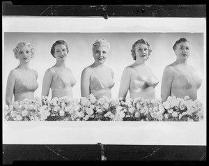 Copy negative of lineup of brassieres, Southern California, 1936