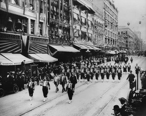 View of Broadway, west side looking north, from Fourth Street showing Islam Patrol of San Francisco on parade in Los Angeles at Shriner's convention