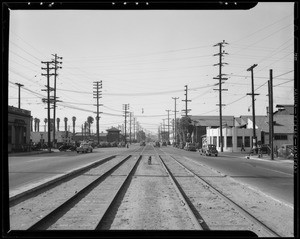 Alameda looking north from railroad right of way south of 25th street, East 25th Street and South Alameda Street, Los Angeles, CA, 1940