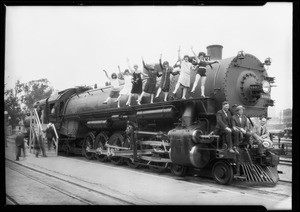 Union Pacific train and show girls, Southern California, 1926