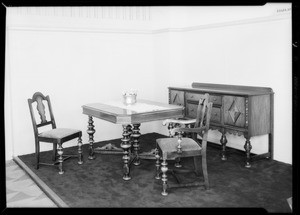 Dining room set, bedroom, Davenport and chair, May Co., Southern California, 1931