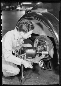 Grinding brake shoe, Southern California, 1932