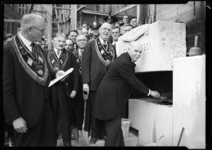 Laying cornerstone at new State Building, Los Angeles, CA, 1931