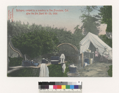 Refugees camped in a cemetery in San Francisco, Cal. after the fire April 18-20, 1906. [Postcard. No. 6956.]