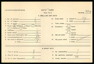 WPA Low income housing area survey data card 157, serial 19819