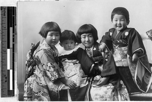 Four cousins wearing kimonos, Tokyo, Japan, ca. 1930