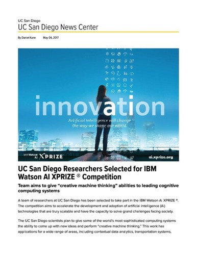 UC San Diego Researchers Selected for IBM Watson AI XPRIZE ® Competition