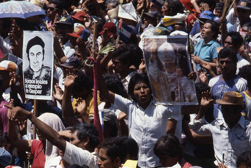 Crowd cheers and chants, Managua, Nicaragua, 1983
