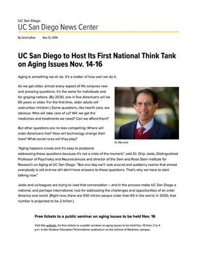 UC San Diego to Host Its First National Think Tank on Aging Issues Nov. 14-16