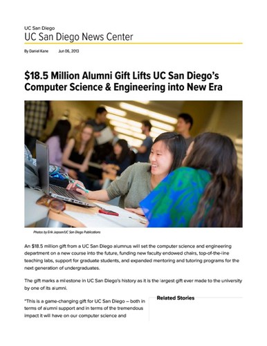 $18.5 Million Alumni Gift Lifts UC San Diego’s Computer Science & Engineering into New Era