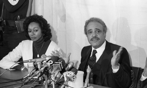 Geraldine Green and Benjamin Hooks speaking to the media, Los Angeles, 1981