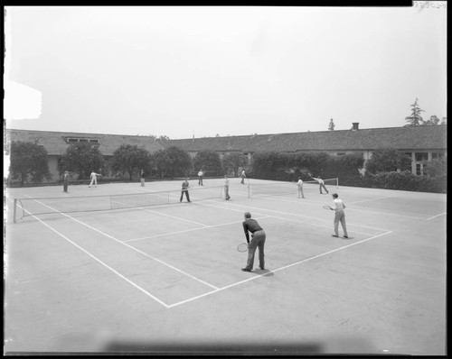 Boys playing tennis, Polytechnic Elementary School, 1030 East California, Pasadena. 1936