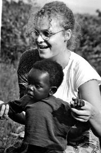 DMS Volunteer Marianne Kongsbak Christensen with child at the ELCT Kindergarten in Nyakahanga