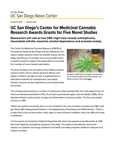 UC San Diego’s Center for Medicinal Cannabis Research Awards Grants for Five Novel Studies