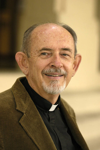 Jerry McKevitt, SJ, George Giacomini, Bob LaMonte Nobili Hall Exterior, Junipero Serra Statue