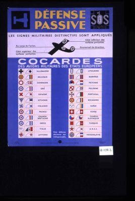 Defense passive. Les signes militaires distinctifs sont appliques: au corps de l'avion, cote superieur des surfaces portantes, cote inferieur des surfaces portantes, gouvernail de direction. Cocardes des avions militaires des etats europeens: Allemagne, Belgique, Danemark, [&c., &c.] ... Une defense aerienne est indispensable