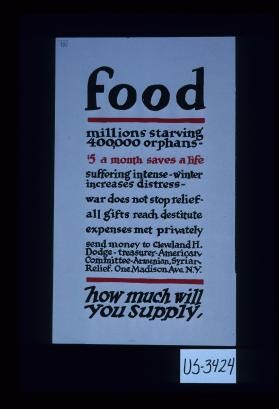Food. Millions starving. 400,000 orphans. $5 a month saves a life. Suffering intense - winter increases distress. War does not stop relief ... How much will you supply