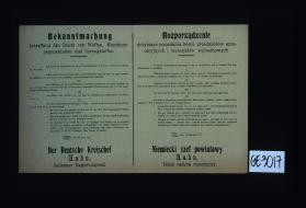 Bekanntmachung betreffend den Besitz von Waffen, Munitionsgegenstanden und Sprengstoffen ... Kalisz, Turek, den 10 Juni 1915. ... Rozporzadzenie. ... Niemiecki szef powiatowy Hahn, Tajny radca rejencyjny