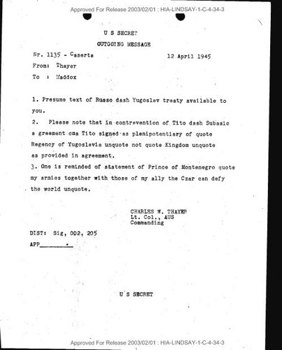 Charles W. Thayer message to Maddox number 1135 regarding Russia-Yugoslav treaty