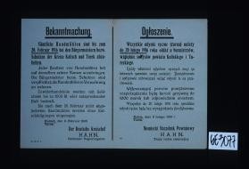 Bekanntmachung. Samtliche Handmuhlen sind ... abzuliefern ... Kalisch, Turek, den 9. Februar 1916. ... Ogloszenie. ... Niemiecki Naczelnik Powiatowy, Hahn, Tajny radca rejencyjny