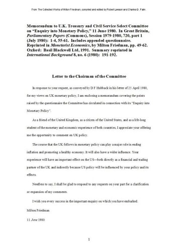 Memorandum to U.K. Treasury and Civil Service Committee on "Enquiry into Monetary Policy," June 11, 1980