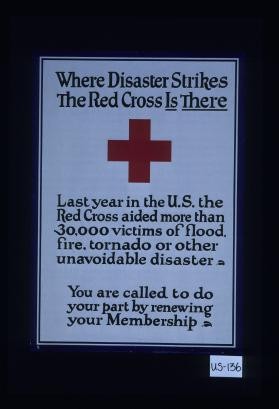 Where disaster strikes, the Red Cross is there. Last year in the U.S. the Red Cross aided more than 30,000 victims of flood, fire, tornado or other unavoidable disaster. You are called to do your part by renewing your membership