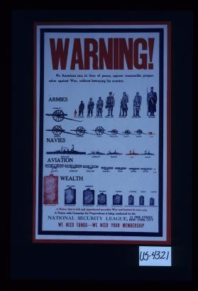 Warning! No American can, in time of peace, oppose reasonable preparation against war, without betraying his country. Armies, Germany, U.S., Japan ... navies ... aviation ... we need funds - we need your membership