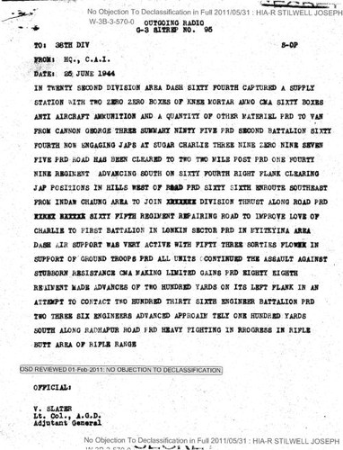 Outgoing radio from HQ., C.A.I. to 38th Div