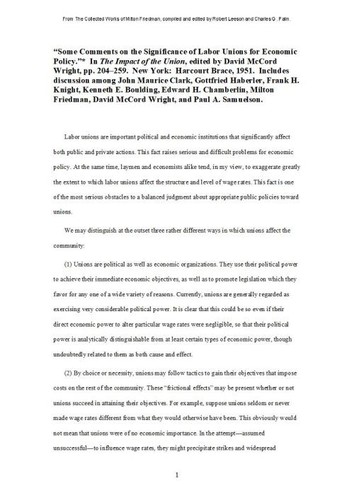 Some Comments on the Significance of Labor Unions for Economic Policy