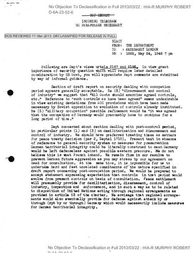 Department of State cable regarding security, demilitarization, and disarmament, with attachment