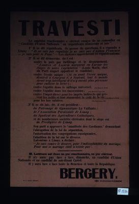 Travesti. Le candidat reactionnnaire et clerical essaye de se camoufler en "Candidat d'Union Nationale" en "republicain democrate et laie". ... M. Lefebure ... Bergery