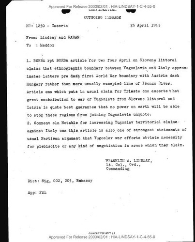 Franklin A. Lindsay and Raran message to Maddox number 1250 regarding Yugoslav-Italy boundary