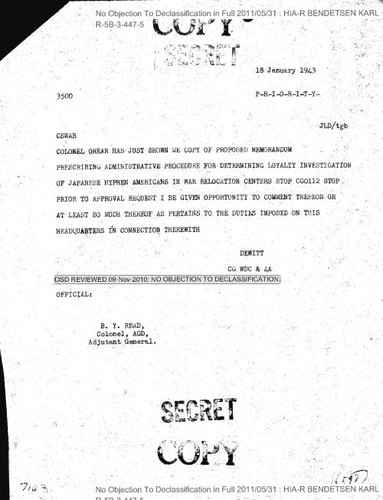 DeWitt radiogram regarding proposed memorandum for determining loyalty of Japanese-Americans in War Relocation Centers, with attachment